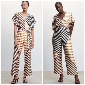 Mango Striped Satin V-Neck Jumpsuit (No belt)